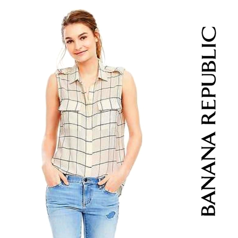 Banana Republic Window Pane Tank Cream Navy Blue Size XS Sleeveless Blouse